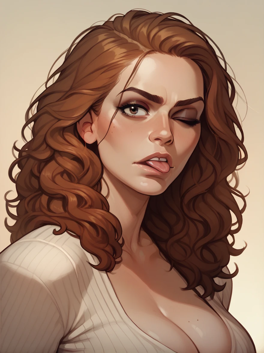 score_9, score_8_up,score_7_up, score_6_up, score_5_up, score_4_up, woman, best quality, highres, portrait, solo, beautiful, long red hair, upset expression, makeup, lips, hermione granger, wink, grimace, put out your tongue, large cleavage