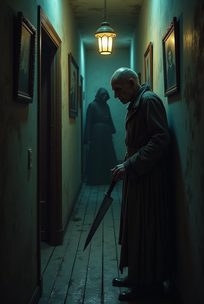 "Exploring the hallway and finding the old assassin"
"with the flashlight shaking slightly in his hand, she gets out of bed, your feet touching the cold wooden floor. With every step, the floor creaks under your weight, but she moves towards the half-open door. Opening it carefully, the light of the lantern reveals a long dark corridor, its walls covered with old, faded portraits, as if every face was watching your movements.
By proceeding with caution, the silence is interrupted by a distant sound of shuffling footsteps. She quickly turns off the flashlight, your heart racing. Across the hall, emerging from a side door, a hunched figure appears—a frightening-looking old woman. Her long, dirty dress brushes the floor as she walks., holding something shiny and sharp in one hand, a big knife. The old woman's face is wrinkled and stern, his small, cold eyes scan the hallway as if he were looking for something... or someone.
The character holds his breath, leaning against the wall silently. The old woman walks slowly down the corridor, dragging the knife on the wooden floor, but you don't see it