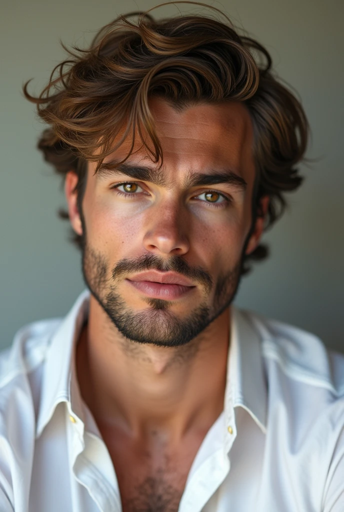 Create an image of a young man who is beardless,with messy light brown hair and hazel eyes.He has to be strong and he is wearing a white long sleeved dress shirt.