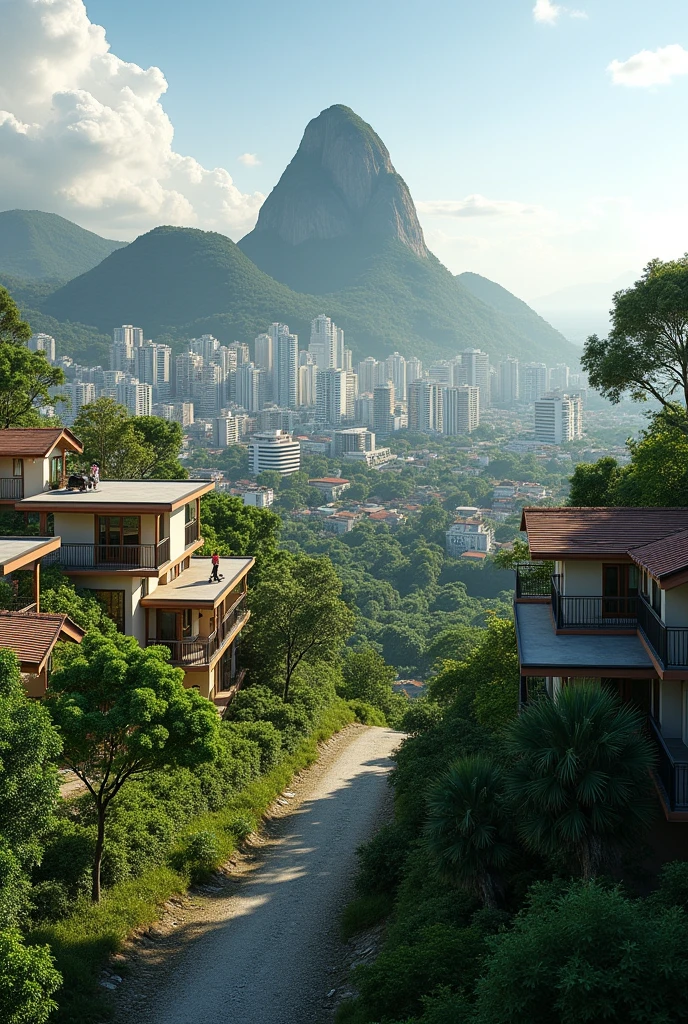 Draw a scenario where Rio de Janeiro, Brazil, eliminated the favelas., through better land use in the city and the gentle densification of the population, we maintain the existing buildings, just building new housing for people leaving the favelas, and where there were slums, it turned into a forest. show the part of sugarloaf.