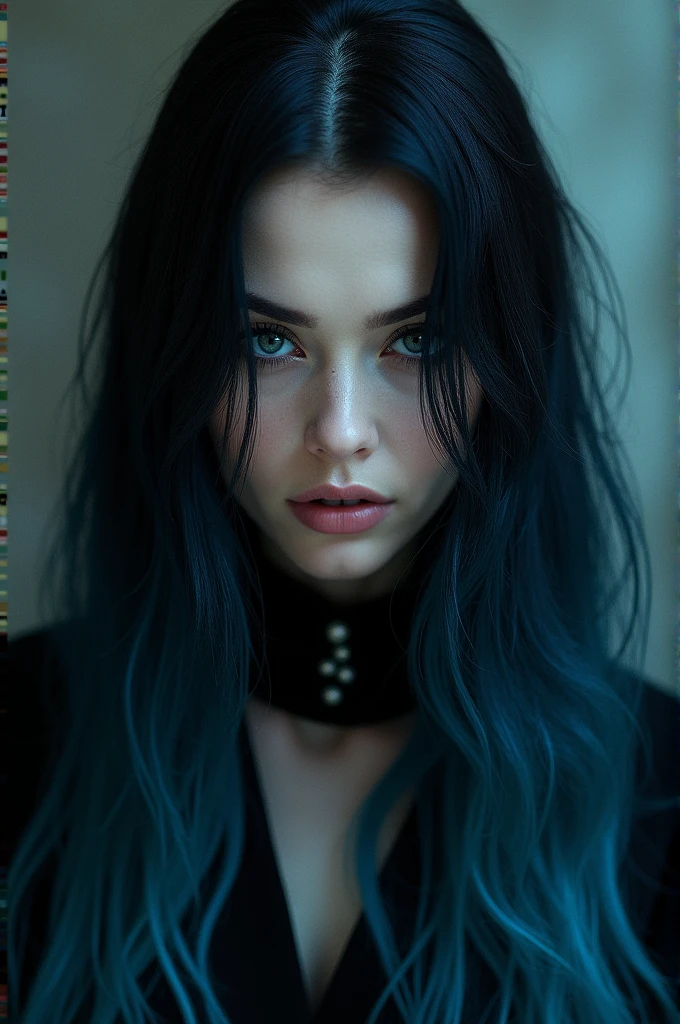 An image of a woman with black and blue hair