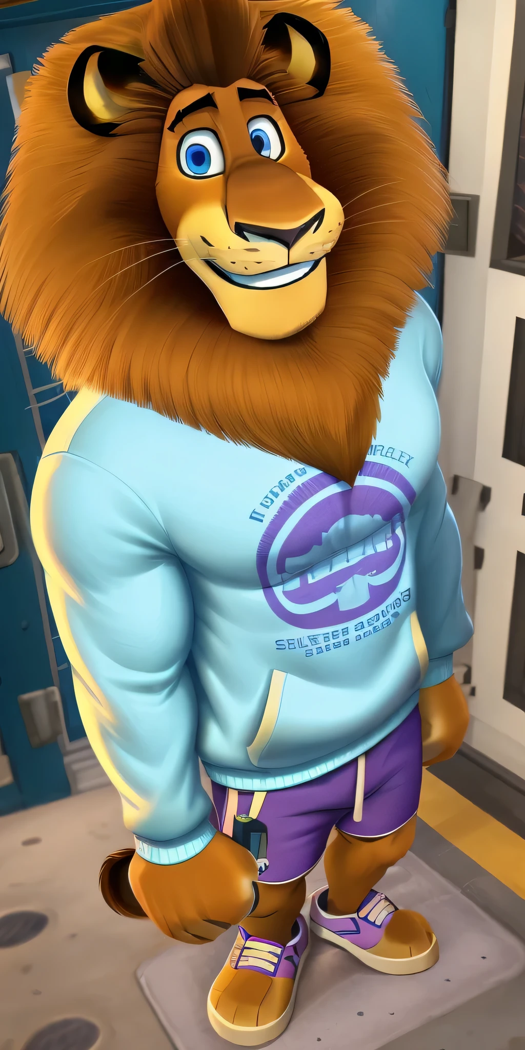 Alex the Lion, muscular body, big biceps, extremely beautiful and cute face, perfectly detailed blue eyes with perfectly detailed pupils, wears cyan sweatshirt with print, cargo shorts, purple sneakers, cable car, selfie, gentle look, cute smile