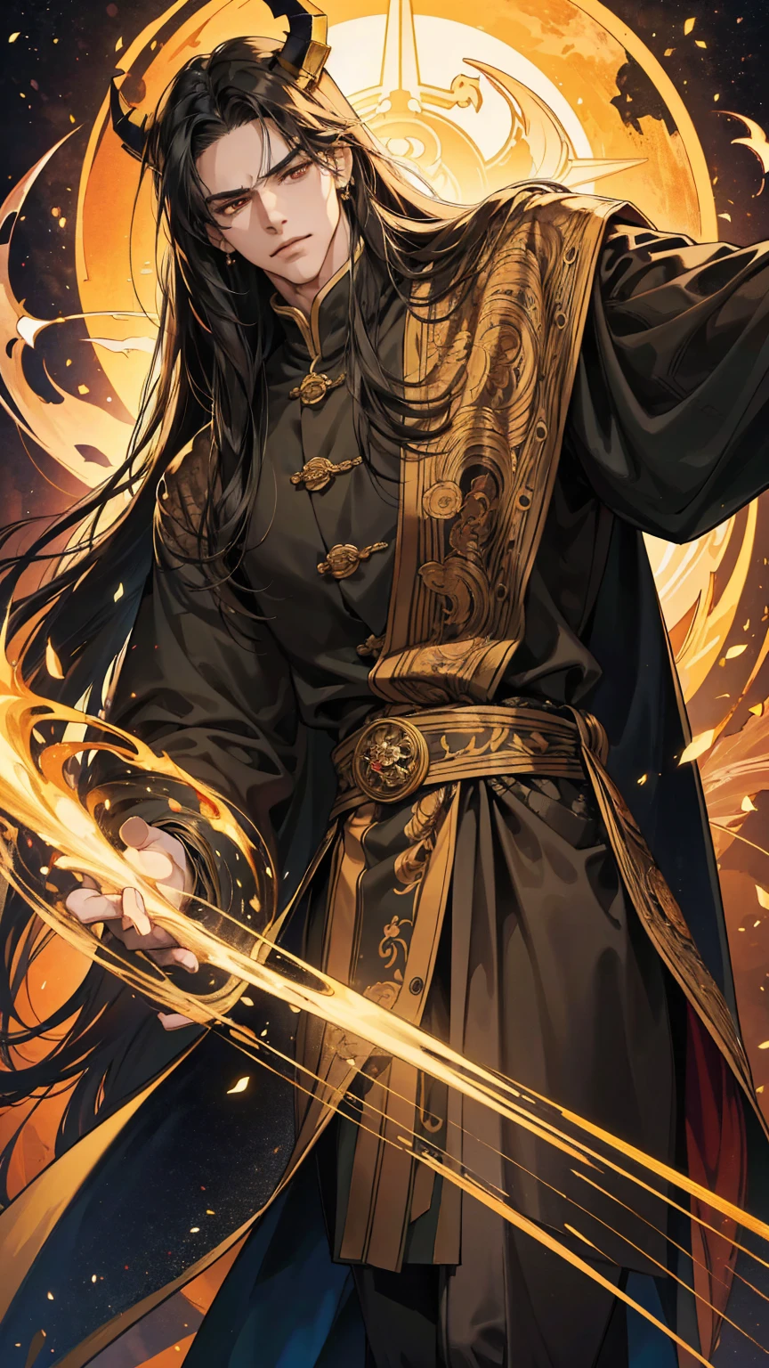 {(best quality, 8k, masterpiece, HDR, soft lighting, perfect image, digital illustration, manhwa art, hyper detailed image, perfect lines, realistic)} 1 very handsome man, long straight black hair with bangs covering his forehead, orange eyes, clothes luxurious, black king clothing with golden embroidery, regal, dragon horns on head, (imposing posture, smirking expression), {(medieval city background at night)}