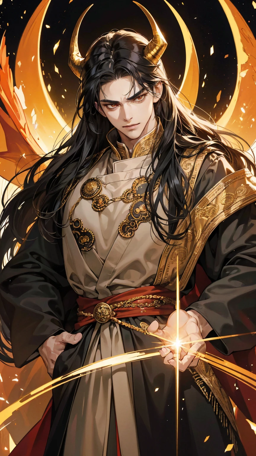 {(best quality, 8k, masterpiece, HDR, soft lighting, perfect image, digital illustration, manhwa art, hyper detailed image, perfect lines, realistic)} 1 very handsome man, long straight black hair with bangs covering his forehead, orange eyes, clothes luxurious, black king clothing with golden embroidery, regal, dragon horns on head, (imposing posture, smirking expression), {(medieval city background at night)}