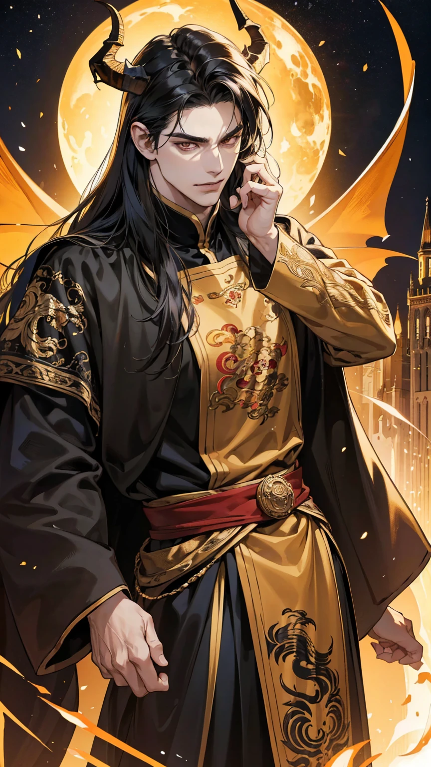 {(best quality, 8k, masterpiece, HDR, soft lighting, perfect image, digital illustration, manhwa art, hyper detailed image, perfect lines, realistic)} 1 very handsome man, long straight black hair with bangs covering his forehead, orange eyes, clothes luxurious, black king clothing with golden embroidery, regal, dragon horns on head, (imposing posture, smirking expression), {(medieval city background at night)}