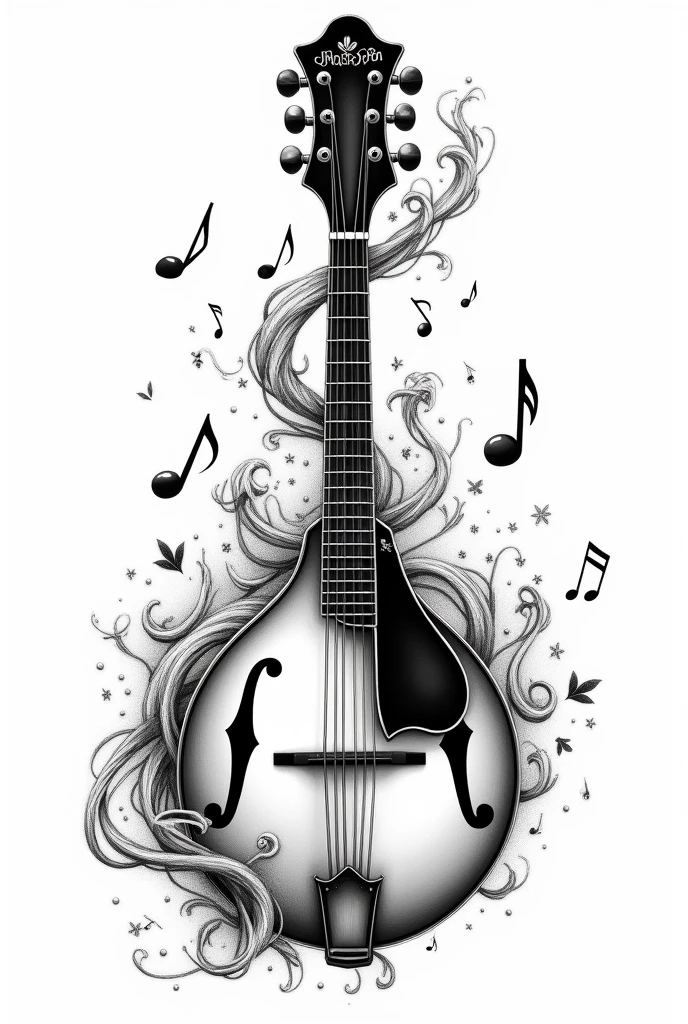 Black and white drawing of a mandolin with many musical notes around it and the name Adrian Gabriel