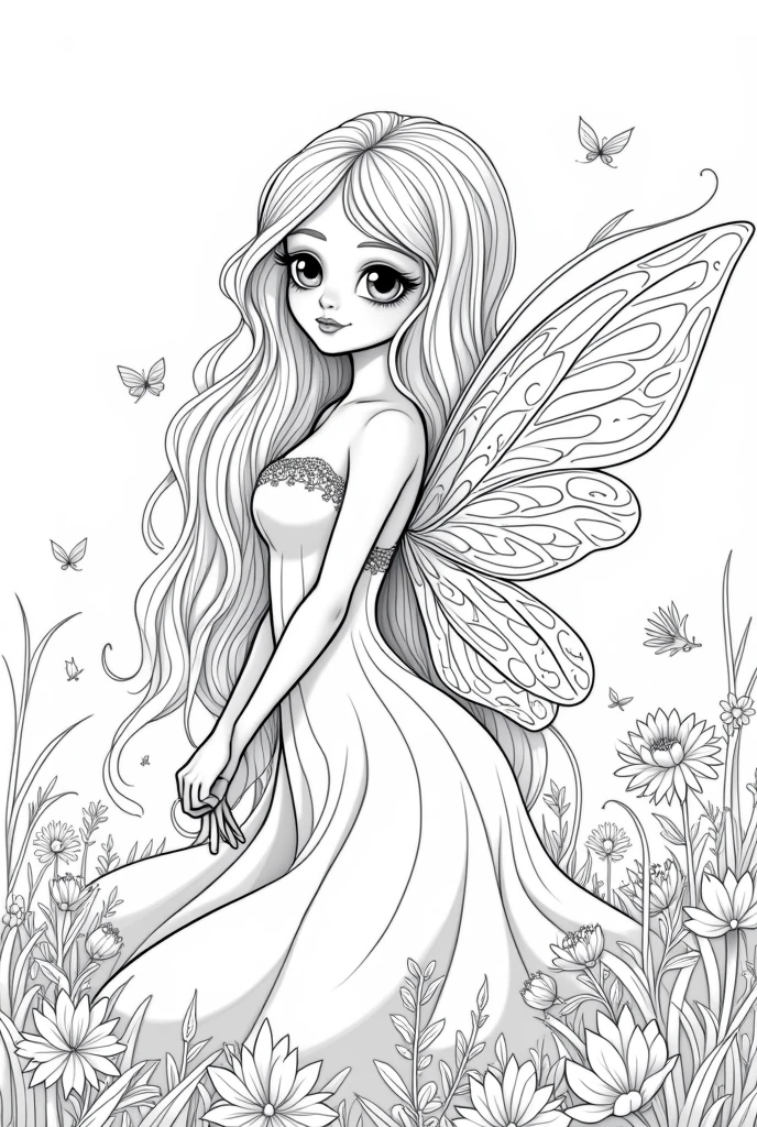 Create a coloring page of a fairy with long hair to color with large white areas and strong black lines