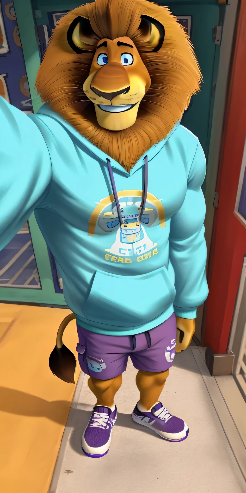 Alex the Lion, muscular body, big biceps, extremely beautiful and cute face, perfectly detailed blue eyes with perfectly detailed pupils, wears cyan sweatshirt with print, cargo shorts, purple sneakers, cable car, selfie, gentle look, cute smile