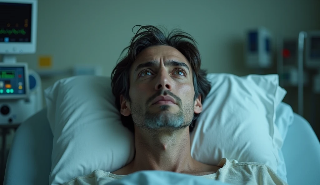 Ultra-realistic portrait of Gabriel, a man in his 40s with a slim build. He has dark brown hair with a few gray strands and eyes full of fear and regret. His face is pale and thin, reflecting vulnerability. The portrait should be from the waist up.
Gabriel is lying in a hospital bed, surrounded by medical machines and vital signs monitors. The background should be a hospital environment, with neutral walls and medical equipment visible but out of focus, so as not to distract from the main subject.
The lighting should be soft and diffuse, with a cold light coming from above, creating subtle shadows that accentuate Gabriel's fragility. The light should highlight the eyes and the texture of the skin, emphasizing the gravity of the situation.
The image should convey a sense of fragility and regret, with a touch of tension. Suggest a cool color palette, such as blues and grays, that complements the serious and reflective atmosphere of the hospital environment.
The photo should be of high quality, with 8k rendering and extreme detail, maintaining the desired atmosphere and capturing the emotional essence of the moment.