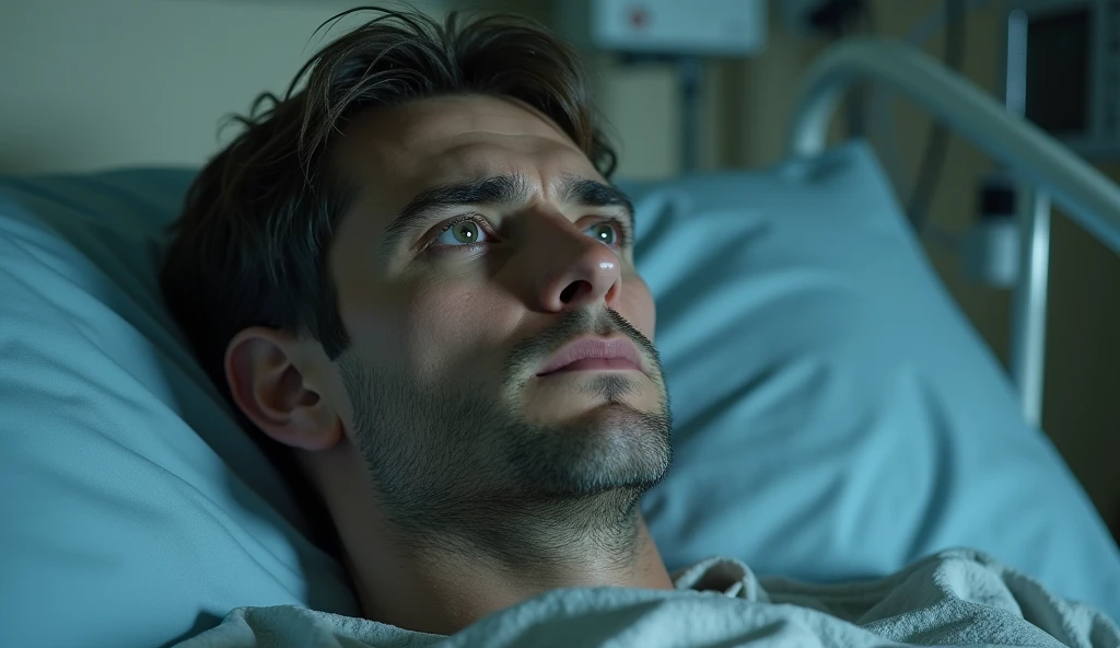 Ultra-realistic portrait of Gabriel, a man in his 40s with a slim build. He has dark brown hair with a few gray strands and eyes full of fear and regret. His face is pale and thin, reflecting vulnerability. The portrait should be from the waist up.
Gabriel is lying in a hospital bed, surrounded by medical machines and vital signs monitors. The background should be a hospital environment, with neutral walls and medical equipment visible but out of focus, so as not to distract from the main subject.
The lighting should be soft and diffuse, with a cold light coming from above, creating subtle shadows that accentuate Gabriel's fragility. The light should highlight the eyes and the texture of the skin, emphasizing the gravity of the situation.
The image should convey a sense of fragility and regret, with a touch of tension. Suggest a cool color palette, such as blues and grays, that complements the serious and reflective atmosphere of the hospital environment.
The photo should be of high quality, with 8k rendering and extreme detail, maintaining the desired atmosphere and capturing the emotional essence of the moment.