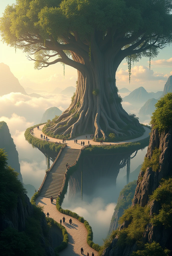 A massive, ancient tree towering over a city, with roots that form a large elevated platform. The tree has a thick, lush canopy that spreads out wide, casting shadows over the structures built around its base. The platform is accessible by a grand staircase leading from a bustling pathway below. The scene is set at golden hour, with soft sunlight illuminating the scene and casting a warm glow over the landscape. The tree and city are situated above the clouds, with mist and distant mountains visible in the background. People are walking along the path and exploring the area, giving the scene a lively atmosphere."