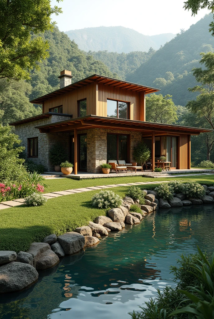 create an architectural project for a modern rustic style farmhouse with Atlantic Forest landscaping and an artificial lake on a 20x50 meter plot that is cozy and has many gardens