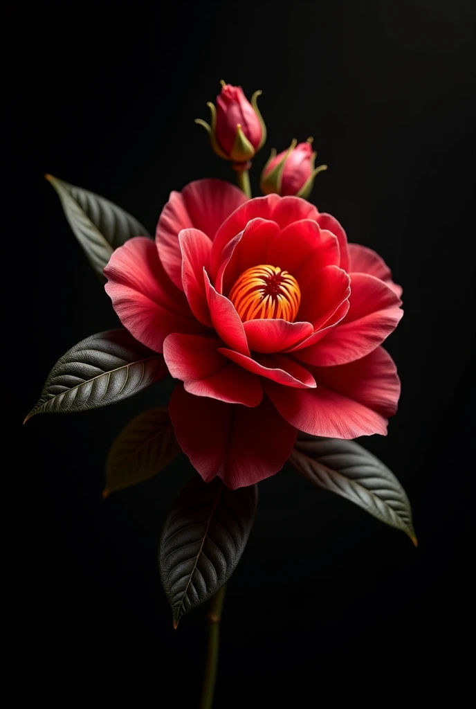Red camellia flower with buds facing the camera and 6 leaves with a sleeping pose and with a black background