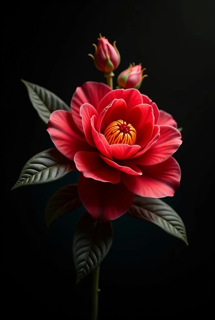 Red camellia flower with buds facing the camera and 6 leaves with a sleeping pose and with a black background