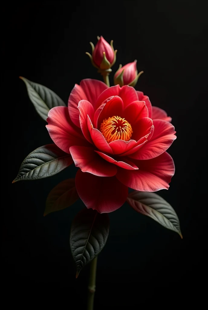 Red camellia flower with buds facing the camera and 6 leaves with a sleeping pose and with a black background