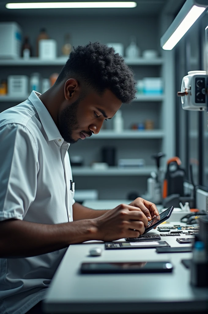 A brown man sitting working in a super realistic modern cell phone repair shop