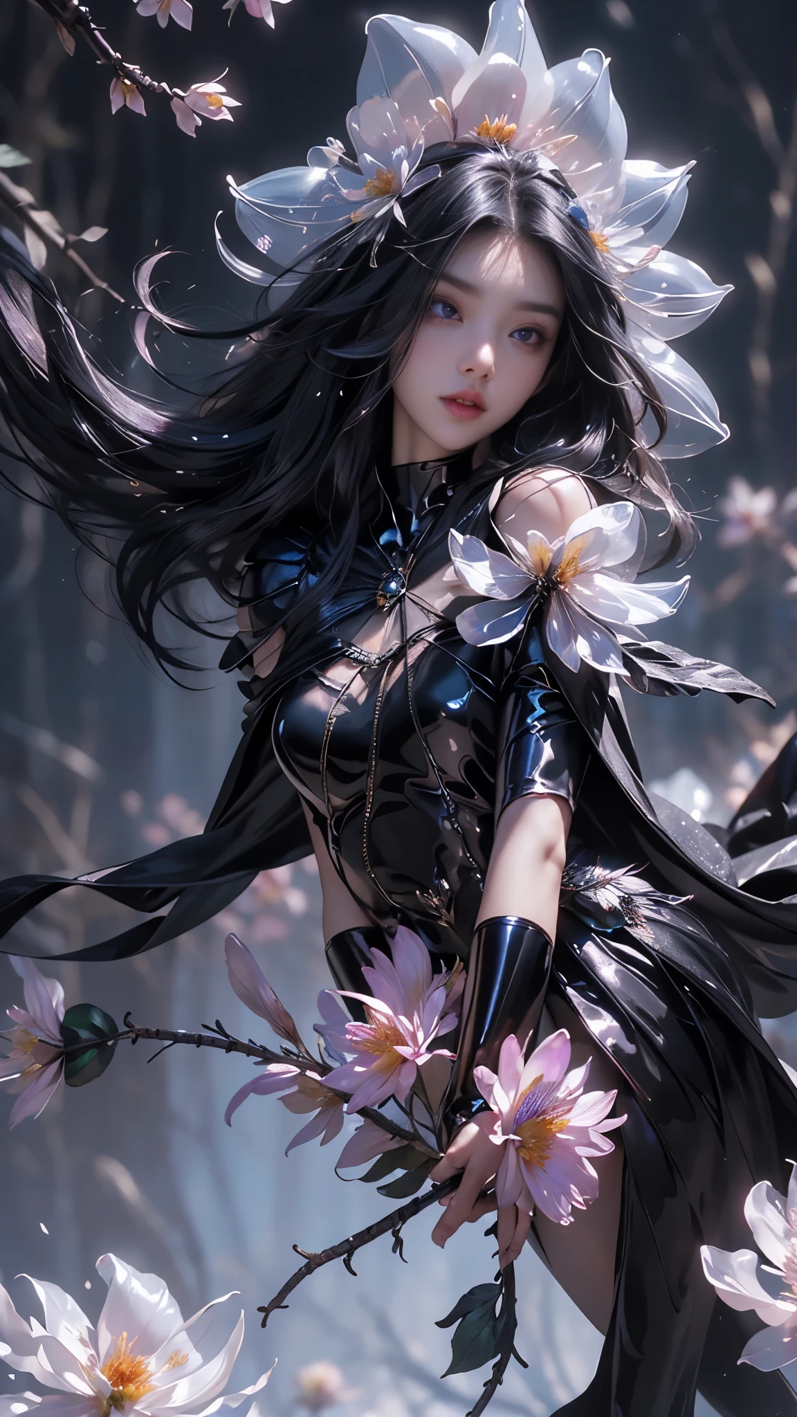 8k, masterpiece, 1 girl, beautiful face, very long hair, light makeup, (glossy skin:1.5), detailed eyes, detailed lips, small bust, short clothing, dragonfly, ((black dragonfly clothing)), ((flowing cape)), light clothing, (flower falling:1.5), god rays, depth of field, ray tracing,