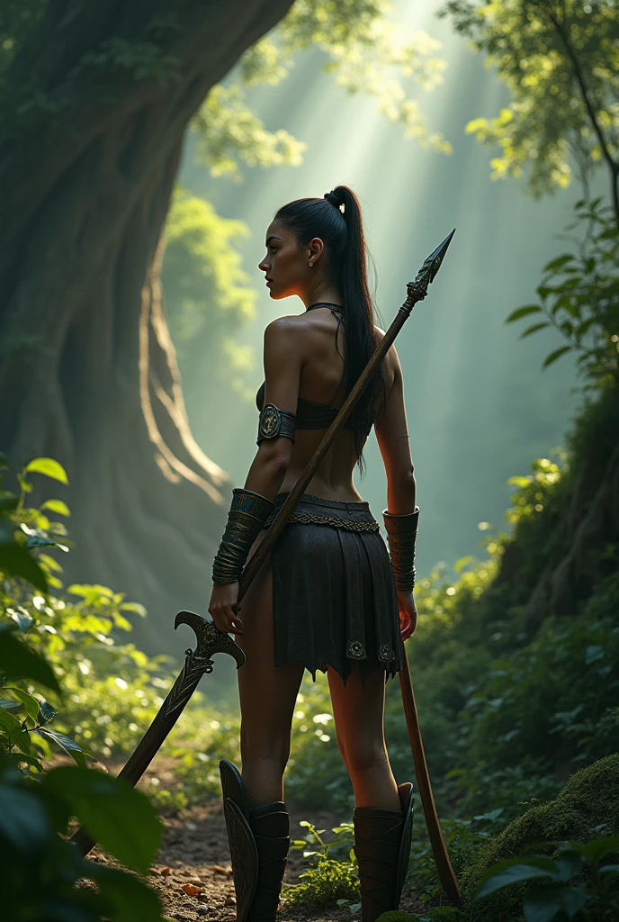 Dorian Clevenger's style, A young female Amazon warrior watches enemies hiding in the foliage of a mighty tree, light highly detailed leather armor, edged weapons, cinematic shot, dynamic light, digital illustration, concept art, nail art, contour clarity, sharp focus, cinematic photo, complex details, high detail, ultra-realism