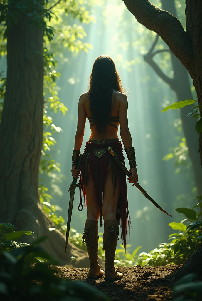 Dorian Clevenger's style, A young female Amazon warrior watches enemies hiding in the foliage of a mighty tree, light highly detailed leather armor, edged weapons, cinematic shot, dynamic light, digital illustration, concept art, nail art, contour clarity, sharp focus, cinematic photo, complex details, high detail, ultra-realism