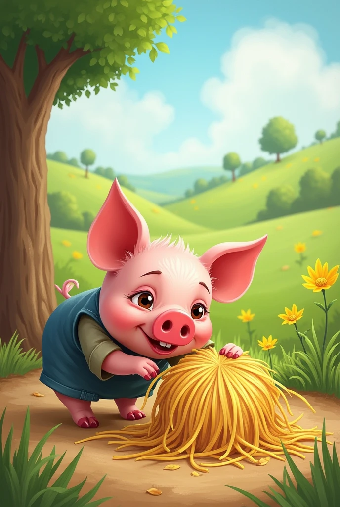 The first little pig, always looking for the easy way out, found a pile of straw. He thought- 'I know! I will build my straw house! It's quick and easy!