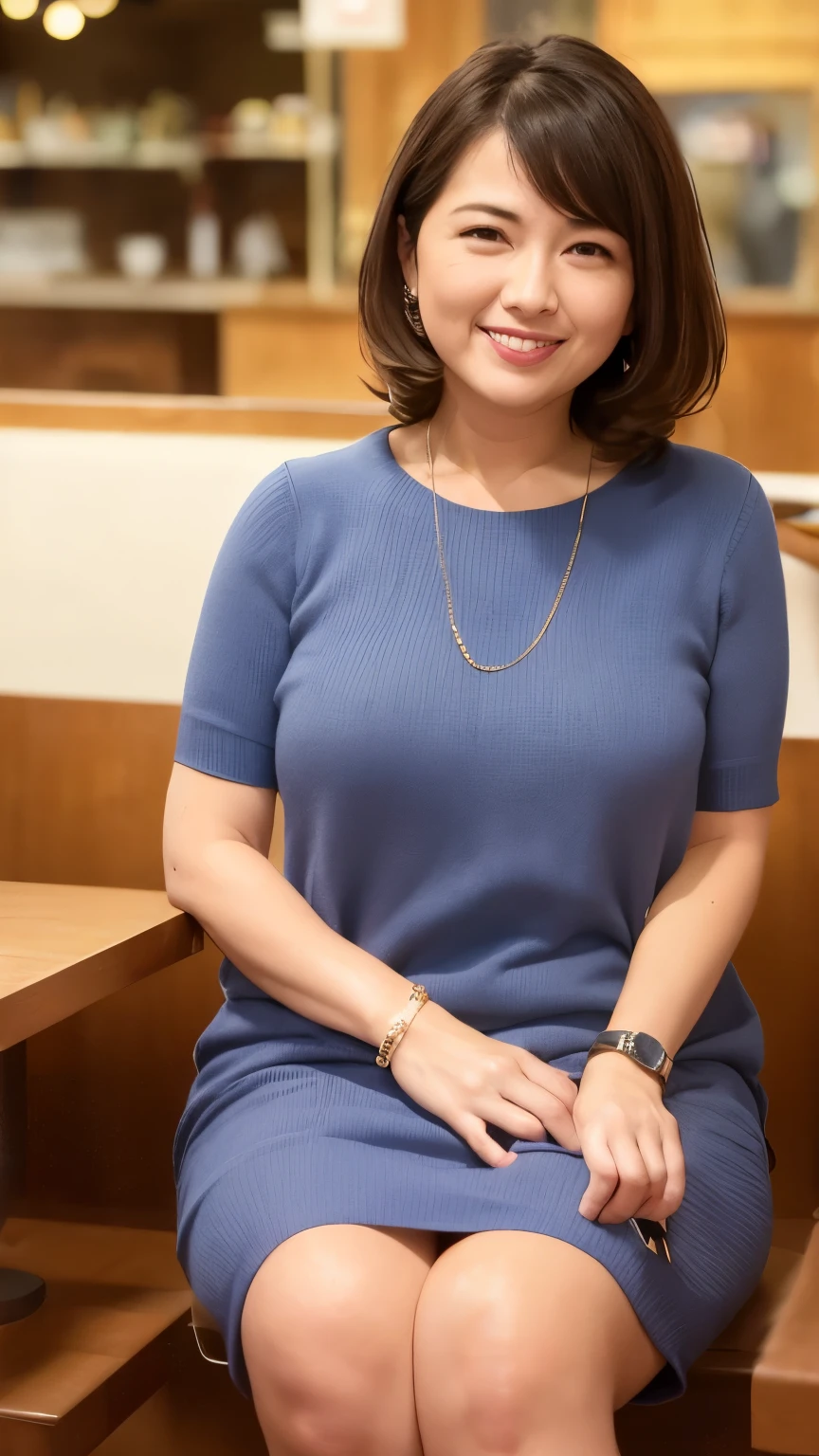 8k wallpaper, masterpiece, Highest quality, Very detailed, One Mature Woman, 50 years old, Become very clear, Wearing a short-sleeved knit, Skin dents, Captivating smile, Looking at the audience, No lapel microphone, Plump, Curvaceous, Attractive face, Smiling with teeth showing, I was happy, sitting in a cafe, Background Blur