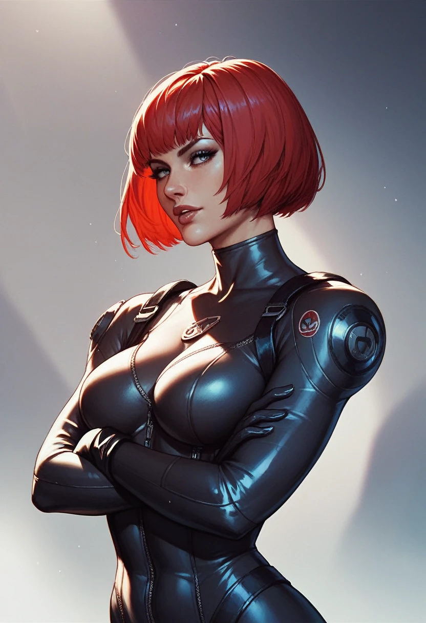 1girl, red hair, seamless bob cut, batsuit,