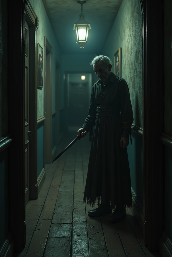 "Exploring the hallway and finding the old assassin"
"with the flashlight shaking slightly in his hand, she gets out of bed, your feet touching the cold wooden floor. With every step, the floor creaks under your weight, but she moves towards the half-open door. Opening it carefully, the light of the lantern reveals a long dark corridor, its walls covered with old, faded portraits, as if every face was watching your movements.
By proceeding with caution, the silence is interrupted by a distant sound of shuffling footsteps. She quickly turns off the flashlight, your heart racing. Across the hall, emerging from a side door, a hunched figure appears—a frightening-looking old woman. Her long, dirty dress brushes the floor as she walks., holding something shiny and sharp in one hand, a big knife. The old woman's face is wrinkled and stern, his small, cold eyes scan the hallway as if he were looking for something... or someone.
The character holds his breath, leaning against the wall silently. The old woman walks slowly down the corridor, dragging the knife on the wooden floor, but you don't see it