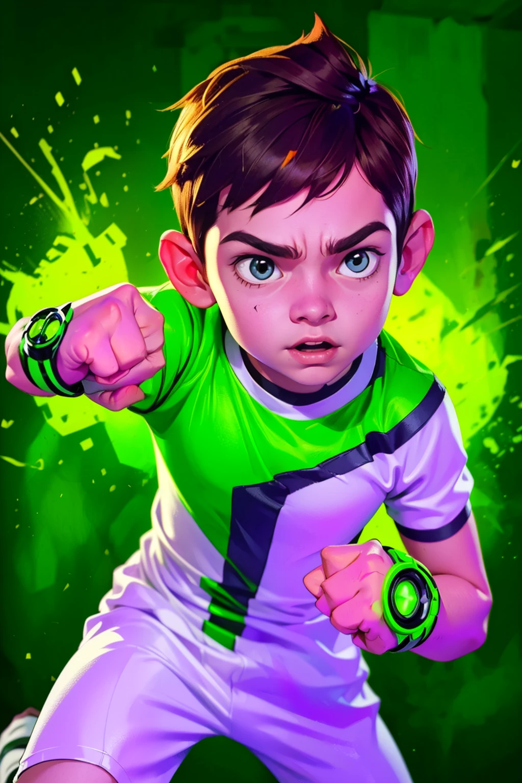 Movie poster, Ben 10 (((A child, ))), ((wearing a white outfit with black stripe in the center, showing fist. Machine on arm. Action facial expression )) . highy detailed, face detailed, realisitic, cinematic lighting, studio quality, proffesional, face detailed, intrikate, bright coloured. ((abstract background)).