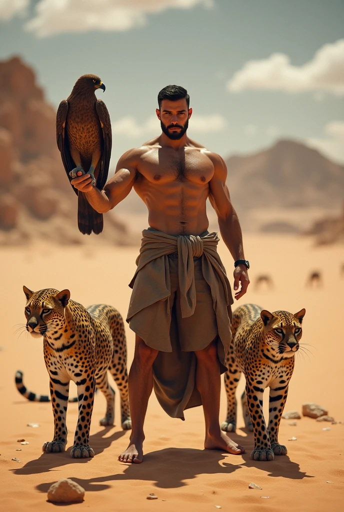 A handsome slim shirtless white skinned man in the desert with a falcon and two leopards