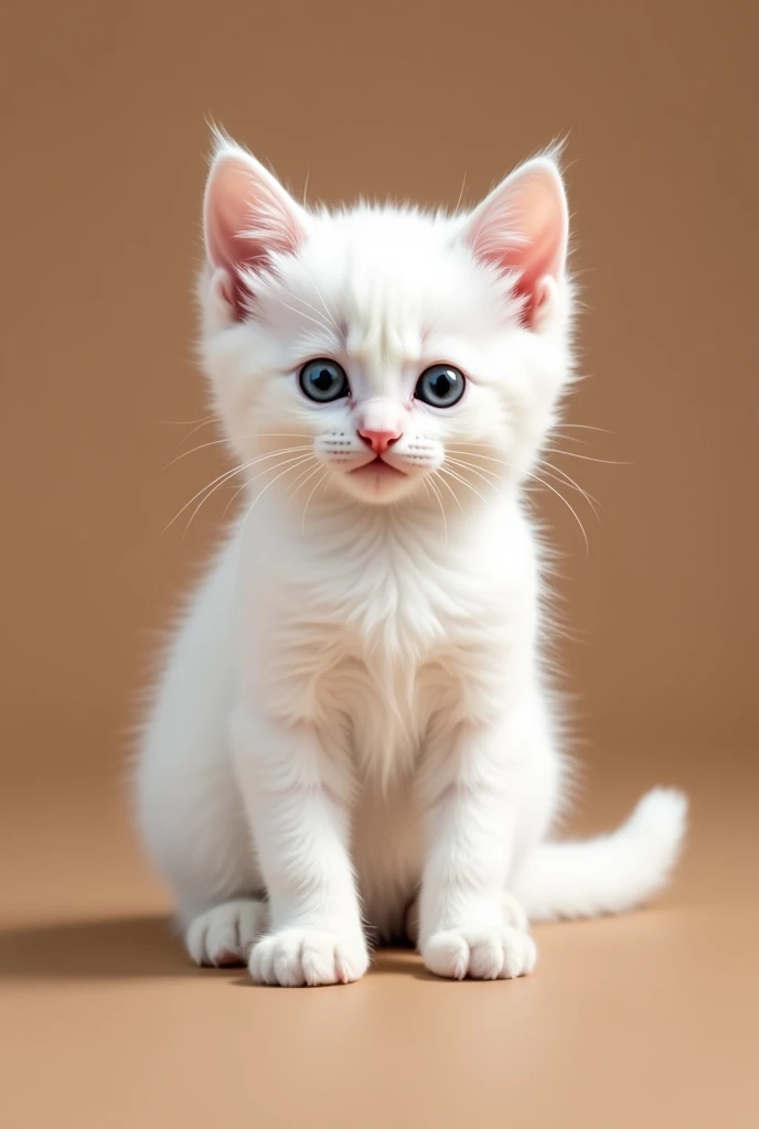 a beautiful white kitten, sitting facing forward, isolated on a brown background
