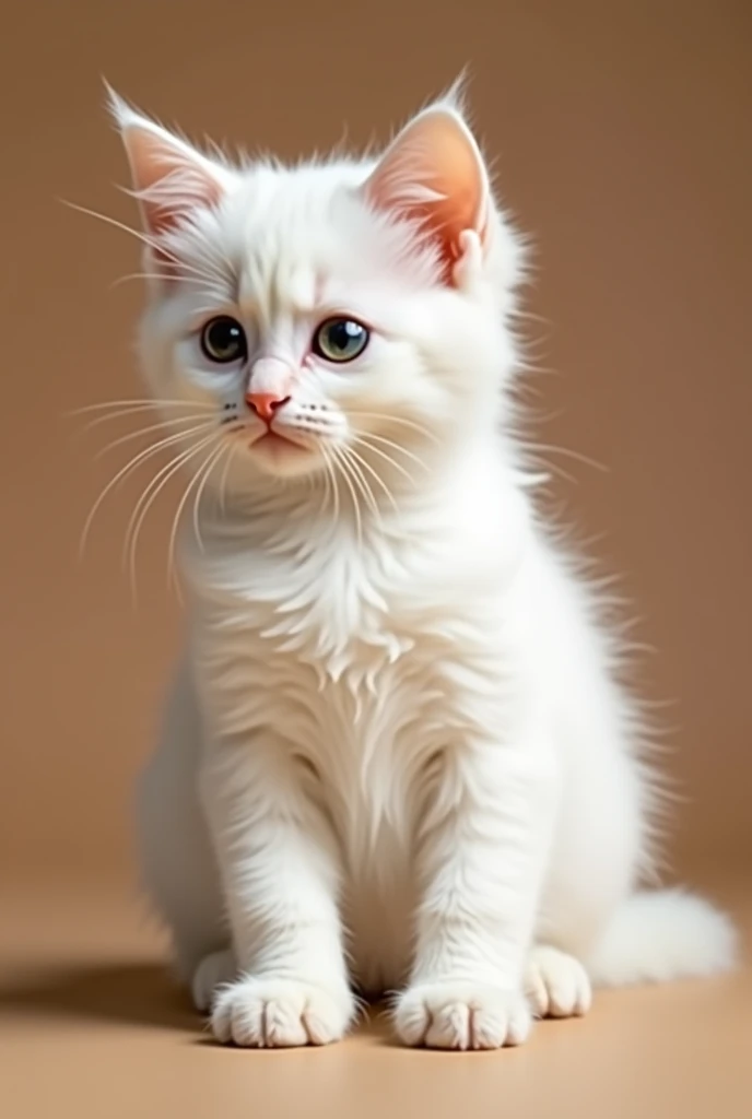 a beautiful white kitten, sitting facing forward, isolated on a brown background