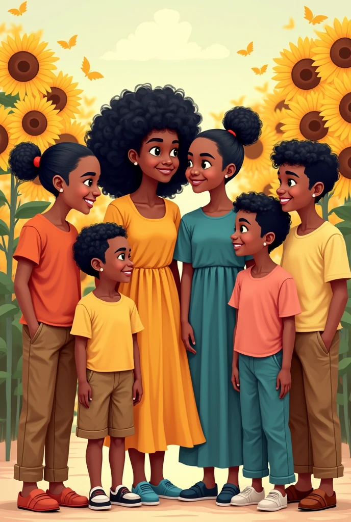 vectors, sunflowers, white children, Dominican children big and small, brown pants, school
