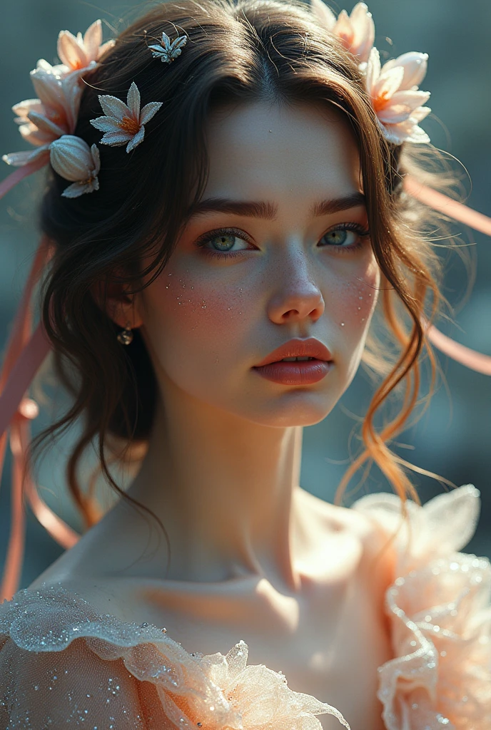 A lady with wine-colored ribbons in her hair, all covered in crystal 