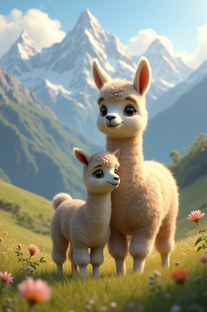 Llama with a baby llama in the Andes