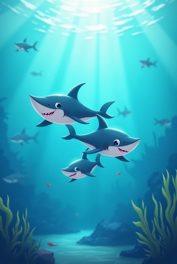 
   "A calm and peaceful underwater scene, with the family of sharks swimming together into the distance. The background fades into a soft, serene blue, symbolizing the end of their adventure In cartoon form