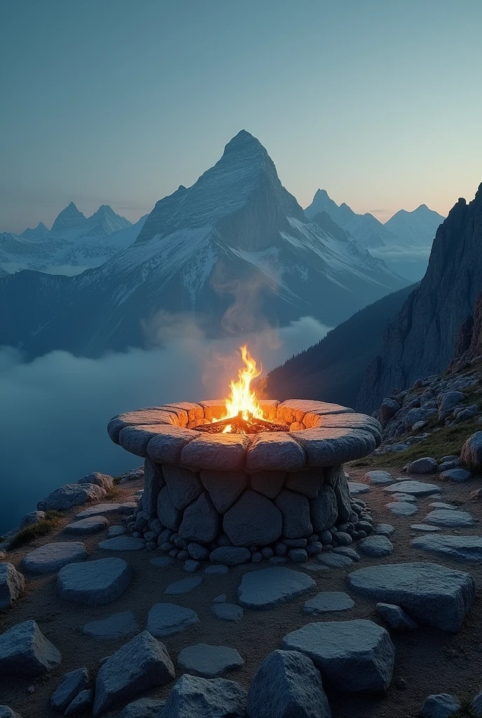 Stone altar with fire on a mountain car, clear sky at dawn, wide image