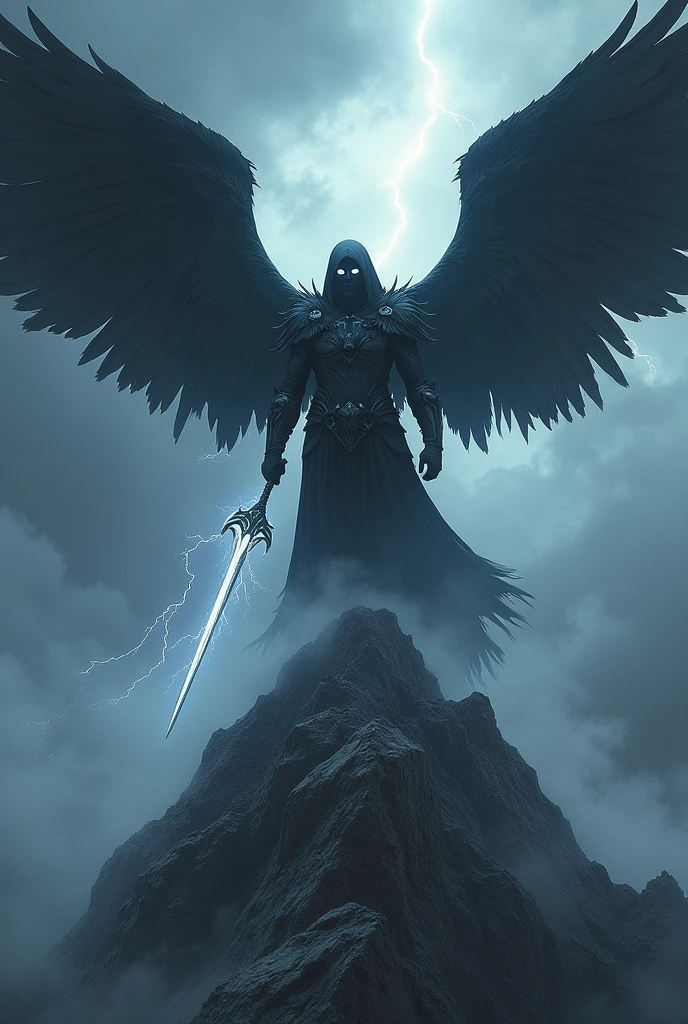 Dark war angel with a lightning sword descending on a dark mountain with a majestic pose