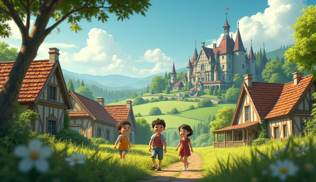 Village Scene
**Visual**:
- Wide shot of a quaint village with old-style houses.
- Lush green fields and tall trees surrounding the village.
- A distant, shadowy mansion looming ominously on the outskirts.
- Children’s voices or laughter in the background.
Children’s voices or laughter in the background.
2boy 1 girl
Genrate a High quality realistic 3D animation style