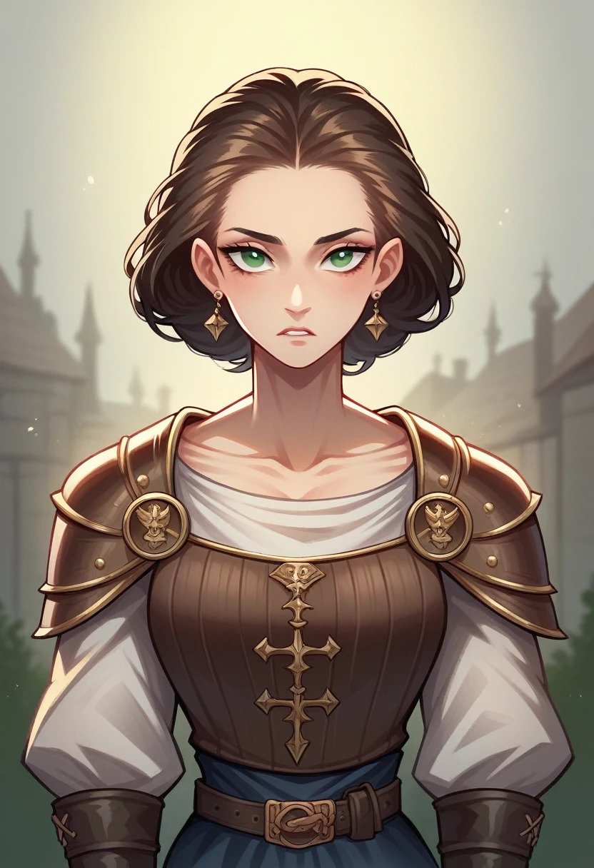 Clara, a young woman aged 20, with short dark brown hair slicked back, green eyes, fit (168 cm, 59 kg), featuring her weapons, daggers, in a heroic medieval fantasy setting, comics style