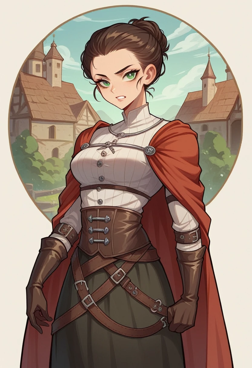 Clara, a young woman aged 20, with short dark brown hair slicked back, green eyes, fit (168 cm, 59 kg), featuring her weapons, daggers, in a heroic medieval fantasy setting, comics style