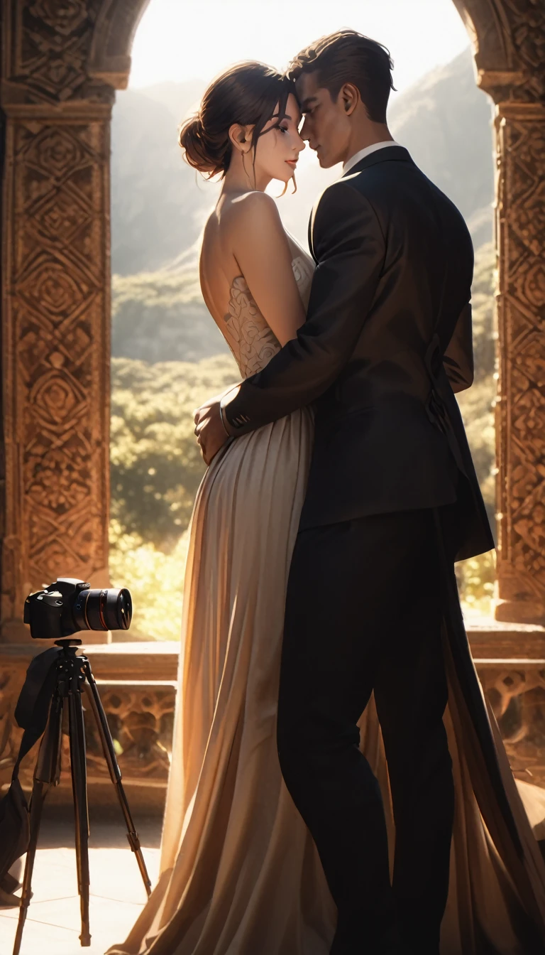 beautiful detailed woman, beautiful detailed man, couple, taking photography, elegant pose, beautiful scenery, natural lighting, intricate details, high quality, photorealistic, hyperrealistic, cinematic, warm color tones, dramatic lighting, professional photography