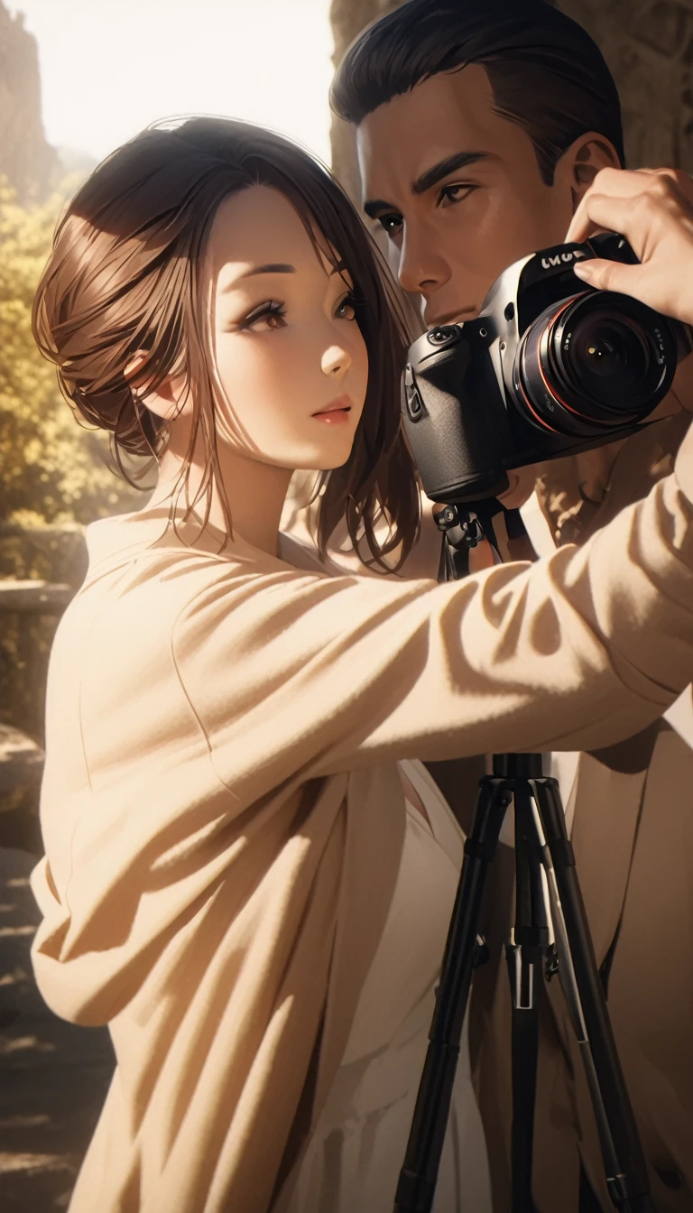 beautiful detailed woman, beautiful detailed man, couple, taking photography, elegant pose, beautiful scenery, natural lighting, intricate details, high quality, photorealistic, hyperrealistic, cinematic, warm color tones, dramatic lighting, professional photography