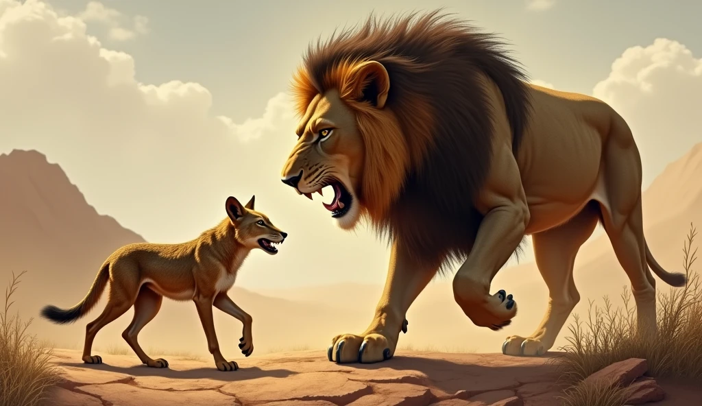 A begging jackal And a dangerous lion in front of him