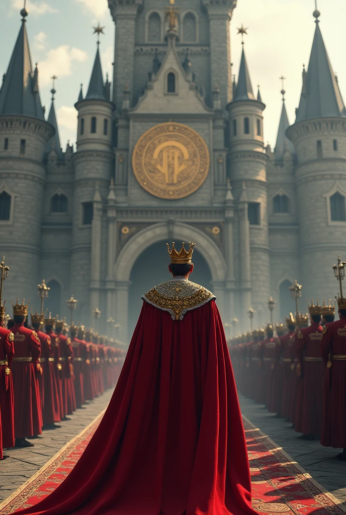 The big king enters a castle which has the symbol of a coin