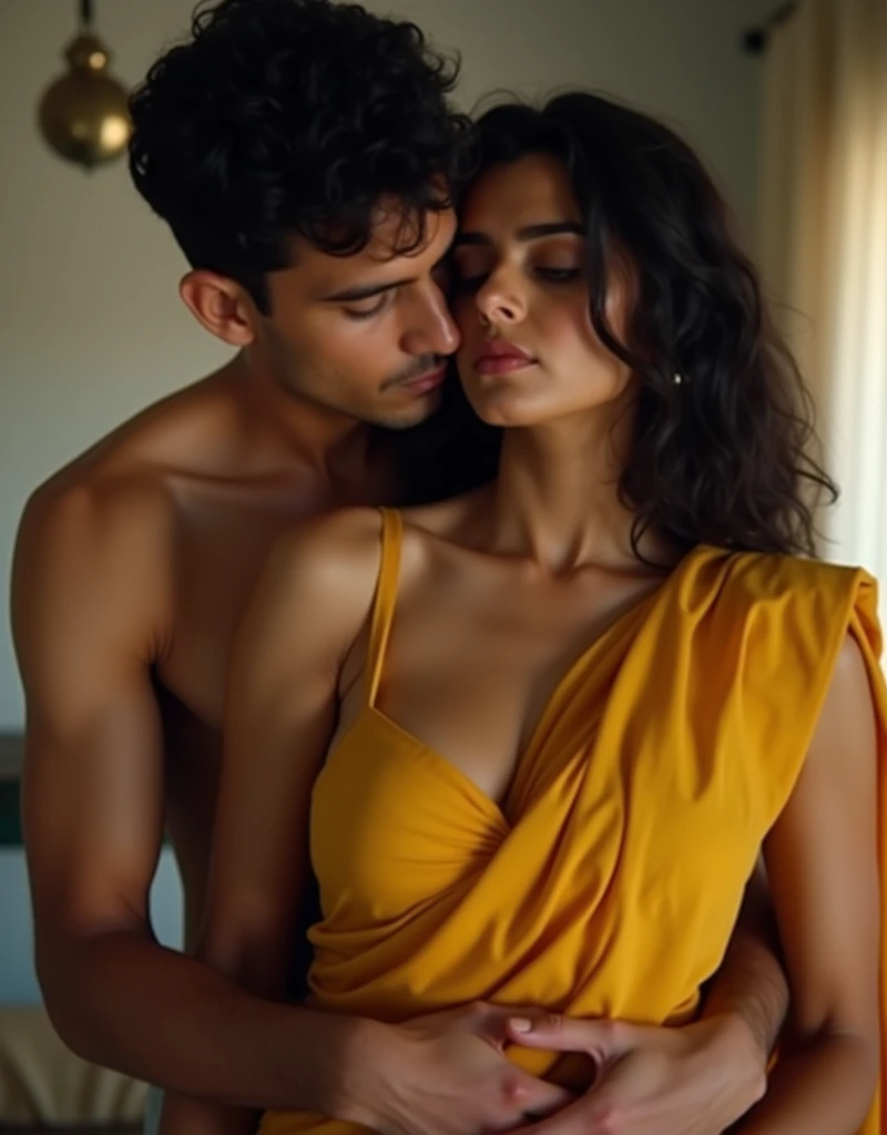 ultra realistic, 4k, UHD, cinematic photo, indian wife and young man having an erotic romantic sex, in the morning, at home, man behind woman, woman wearing plain yellow sari, sari falls off shoulder, full boobs and nipple seen, man hugging from behind, man's finger on her nipple, nsfw, detailed home