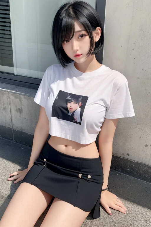 Black hair straight、short hair、Blushing、Spread your legs、mini skirt、T-Shirts、White pants、Nipples