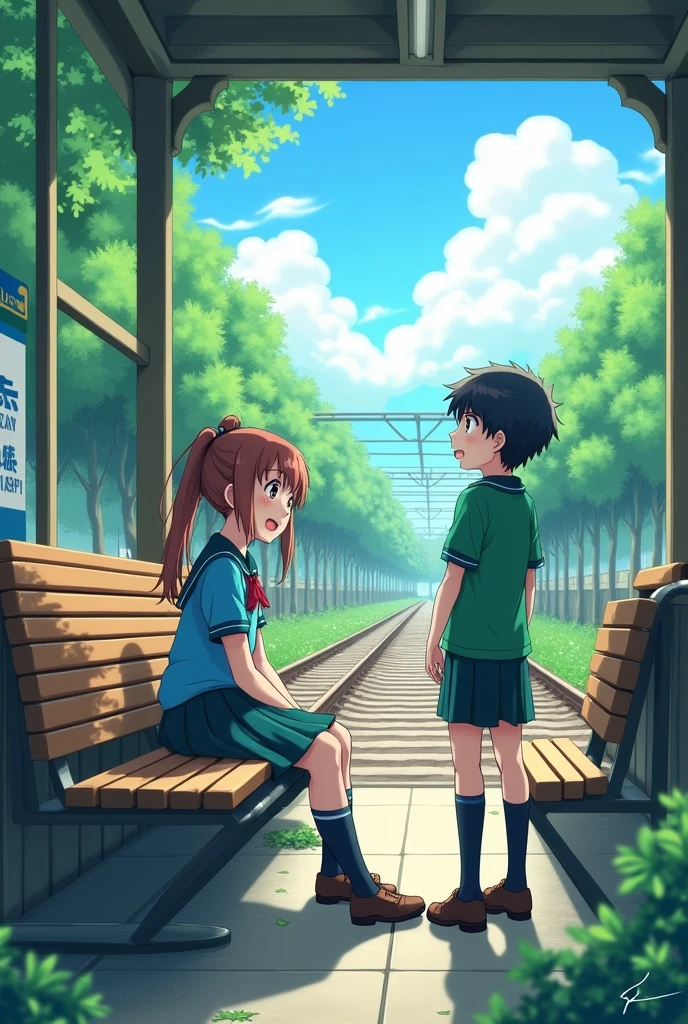A girl in a blue color school dress is sitting on one of the chairs in a train station and a boy in a green color school dress is sitting a little further away and both are smiling. Both girl and boy will be 16 ki habi full anime anime ki will have back view nature and girl and boy will be looking forward