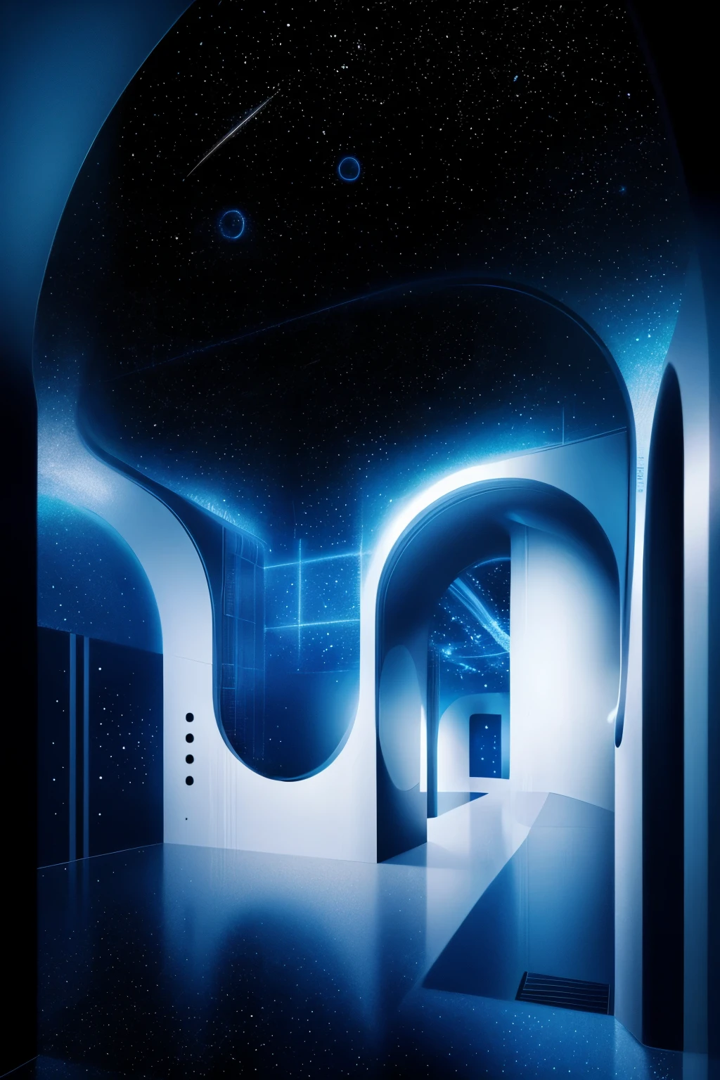 minimalistic style, futuristic details, space with stars on background