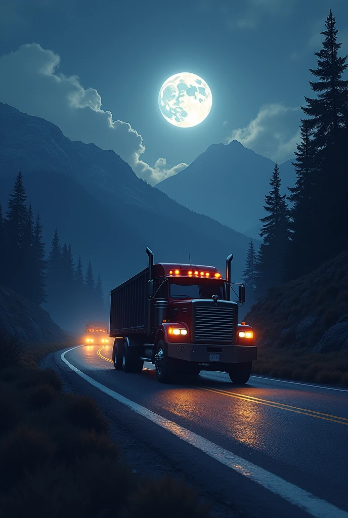 A powerful  truck driving on a long, winding road at dusk, with the sky transitioning from the warm colors of sunset to the deep blues of night. The moon, full and luminous, casts a silvery glow over the landscape as the truck navigates through shadowy trees and distant mountains. The scene exudes safety and protection, with the serene night sky and the truck's strong presence symbolizing a calm and secure journey. The image should evoke feelings of trust, strength, and the assurance of a protected journey under the moonlight.