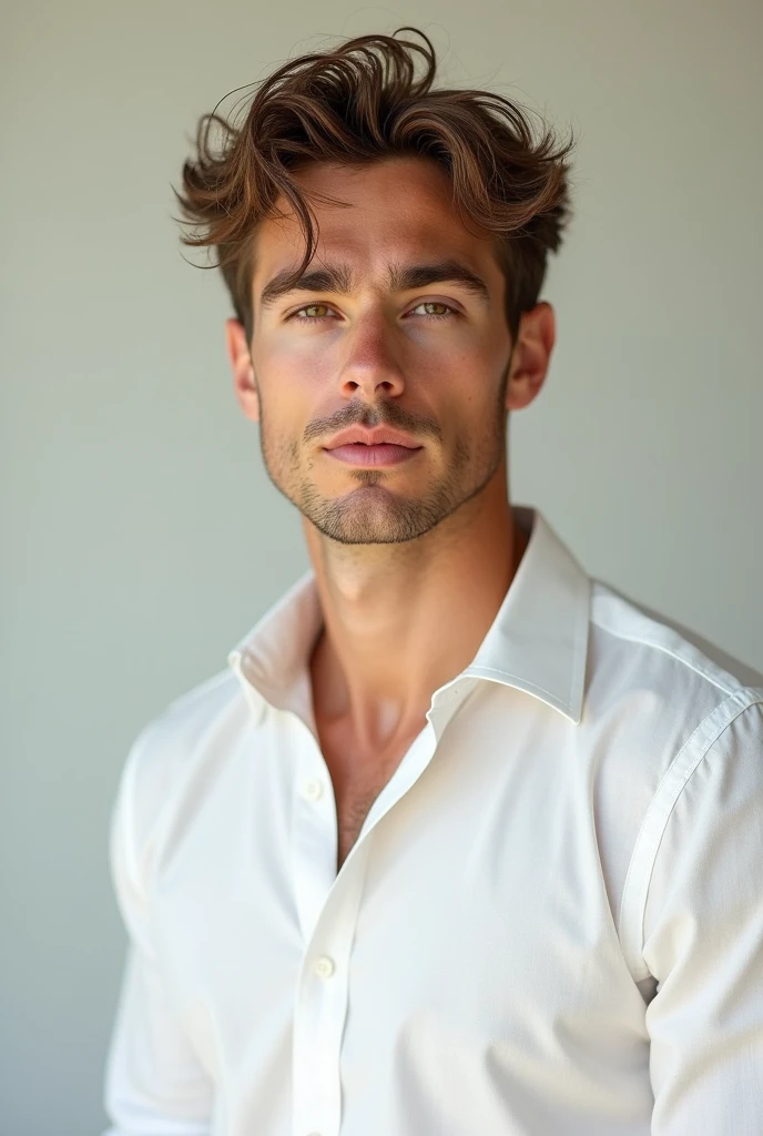Create an image of a young man who is beardless,with messy light brown hair and hazel eyes.He has to be strong and wear a white long sleeved dress shirt and his face has to be square shaped.